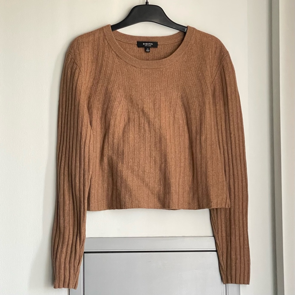 ARITZIA BABATON Tan Ribbed Long Sleeve Wool and Linen Mix Cropped Sweater